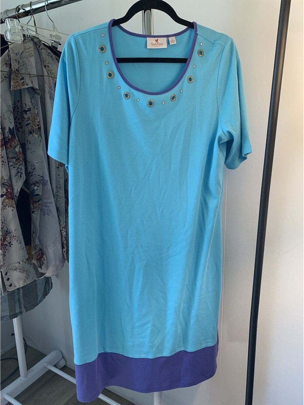 Quacker Factory Women’s Dress Large Teal with Metal Embellishments